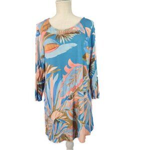 Soft Surroundings Tunic Women's L Floral Palm Leaves 3/4 Sleeve Scoop Neck Blue